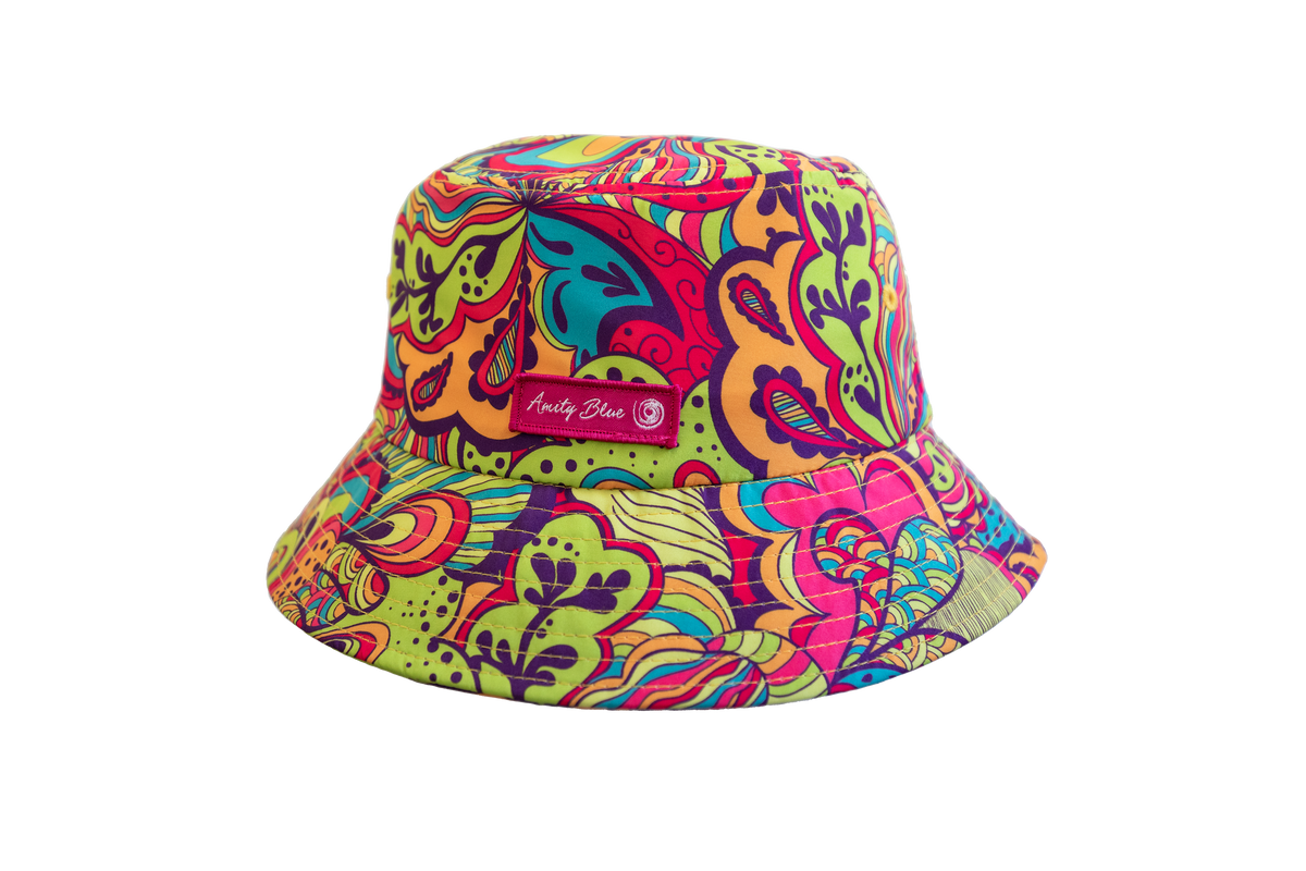 Colorful Amity Blue bucket hat with a paisley pattern on a white background, made from recycled plastic bottles