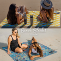 Two women on a beach blanket with a water bottle, followed by two women on a different patterned beach blanket.